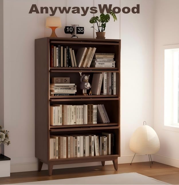 Solid Wood Bookcase 4 Tier Bookshelves with Tempered Glass Flip-Up Doors 60Hx12.5Dx32W" Brown Finish Cube Storage Organizer, Bookshelf Versatile Pantry Cabinet with Storage for Kitchen Home Office