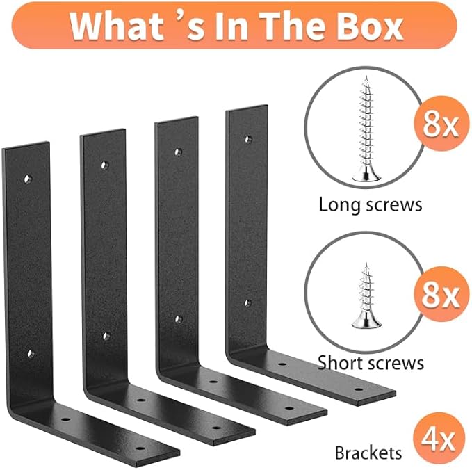 Black Heavy Duty Shelf Brackets 8 Inch, Extra Thick L Shelving Brackets, Rustic Gold Iron Floating Shelves Wall Mounted with Hardware for DIY Open Shelving, 4 Pack