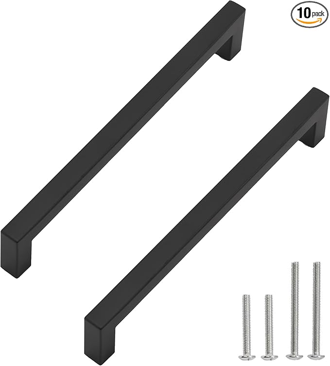 Matte Black Square Drawer Pulls, 10 Pack 8-4/5 Inch Stainless Steel Kitchen Cabinet Handles, 224mm Hole Centers