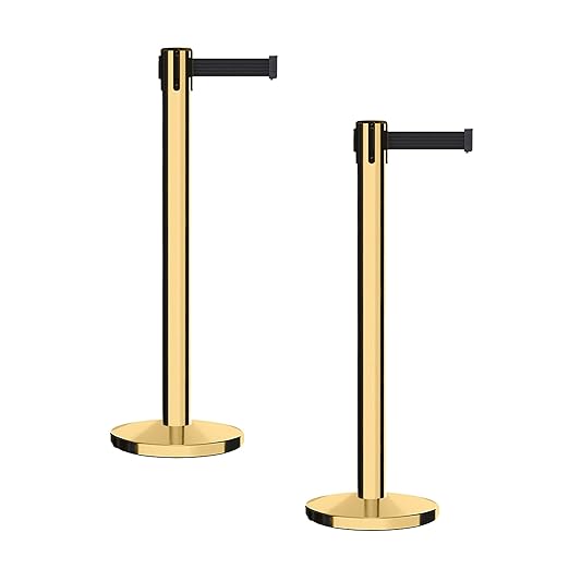 Montour Line MI650 Set of 2 Retractable Belt Barrier Stanchion, Cast Iron Base, Polished Brass Post (16 ft Black Belt)