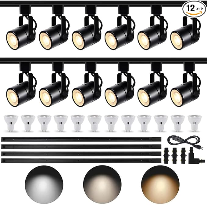 LED Track Lighting Kit, 3CCT 10W Track Lights Heads 3000K/4000K/6000K Adjustable with 13.1FT H-Type Track Light Rails 12PCS Ceiling Spotlight Fixture Replaceable GU10 Bulb