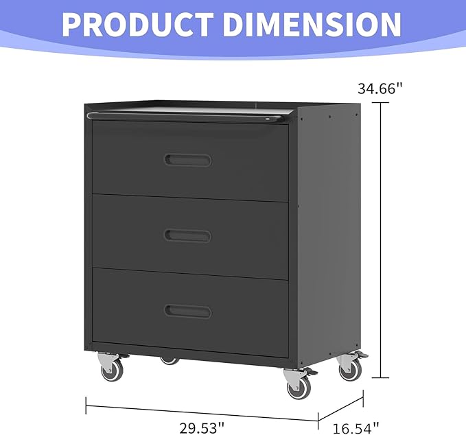 Metal Garage Storage Cabinet with Wheels, Lockable Rolling Tool Cabinet with 3 Drawers, Heavy Duty Mobile Steel Cabinet for Garage Warehouse Workshop