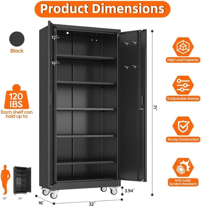 Aobabo Garage Storage Cabinet with Door Pegboard,Lockable Metal Storage Cabinet with 5 Adjustable Shelves for Garage Home,Required Assembly,Black