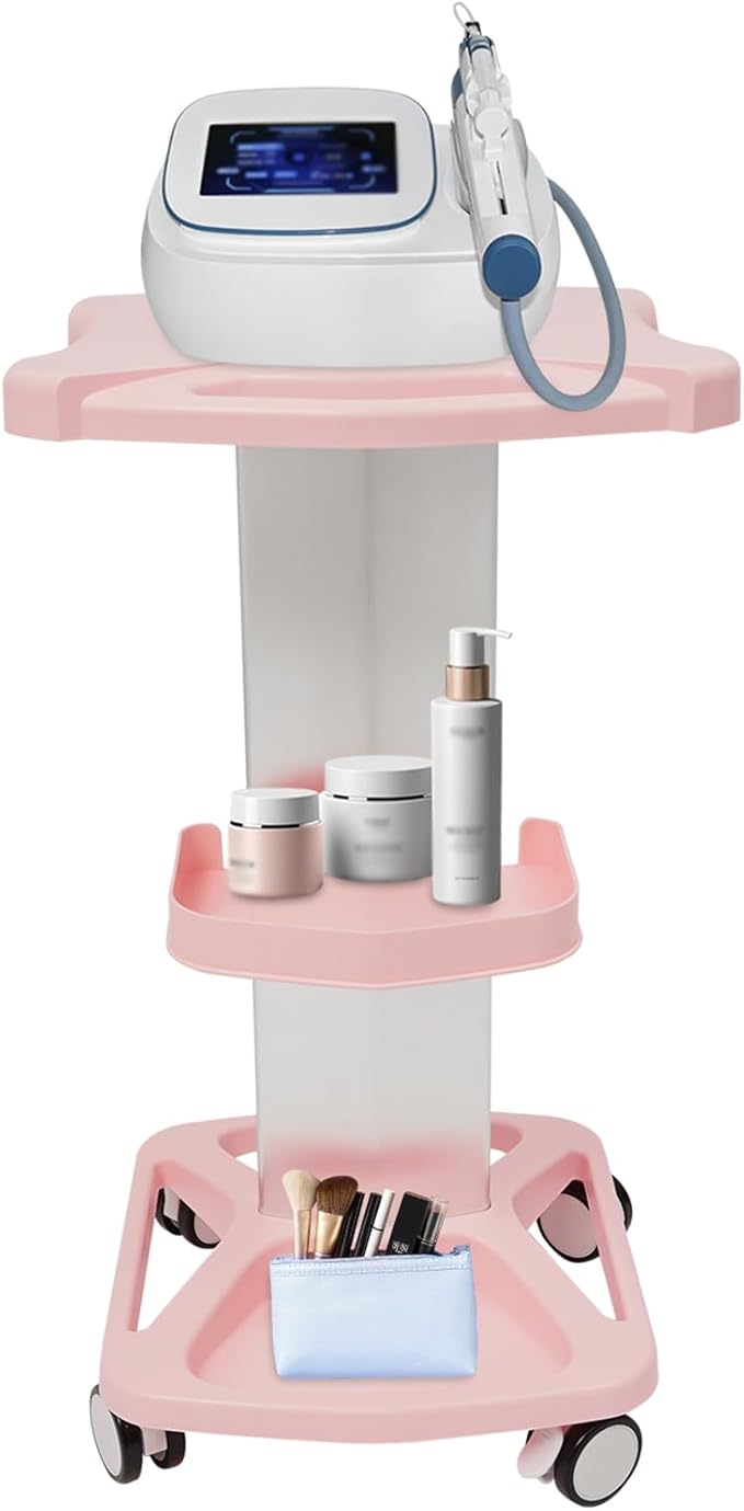 Pink Beauty Salon Trolley Cart with Silent Wheels,Mobile Aluminum and ABS Rolling Salon Cart Tattoo Table Work Station with Tray