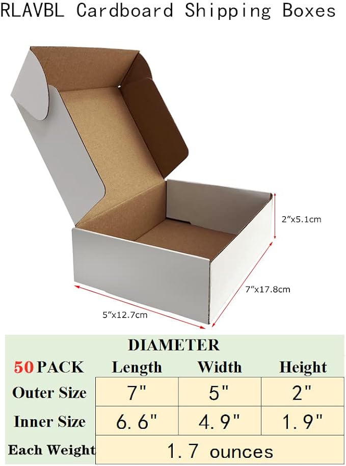 RLAVBL 7x5x2 Shipping Boxes Set of 50, White Small Corrugated Cardboard Box, Mailer Box