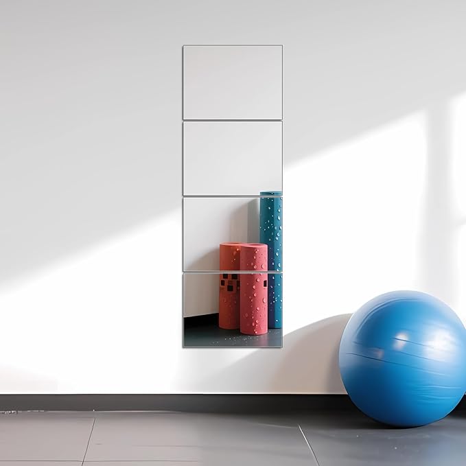 Ruomeng Full Length Wall Mirror Tiles - 12" x 16" x 4Pcs Frameless Full Body Mirror Tiles Wall Mounted Mirror for Home Gym Vanity Bedroom, Living Room