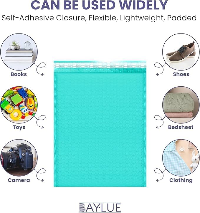 Teal 12.5x19.5 Inch Large Poly Bubble Mailers #6 | Padded Envelopes with Self Seal | Air Lined Cushioned Bubble Mailer | Usable Size 12.5x15 | 100 Pack Bulk | Lightweight shipping Bags