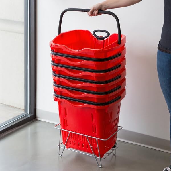 Red Plastic Shopping Basket with Wheels, 21.25 x 16.5 Inch, 45 lb Capacity, Stackable, Telescopic Handle, 6 Pack