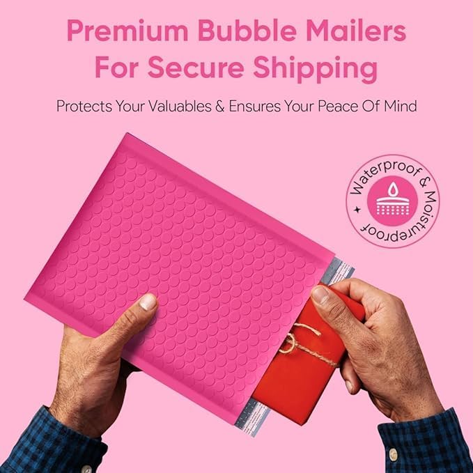 Hot Pink 8.5x14.5 Inch Poly Bubble Mailers #3 | Self Seal Large Padded Envelopes | Air Cushioned Bubble Mailer | Usable Size 8.5x13.5 | Waterproof Lightweight Mailing Shipping Bags | 100 Pack Bulk