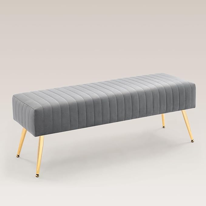 Furnimart 44 Inch Gray Velvet Modern Ottoman Bench, Modern Upholstered Bedroom Benches Footrest Stool Indoor Bench for Entryway Living Room Bedroom Dining Room (Velvet-Grey)