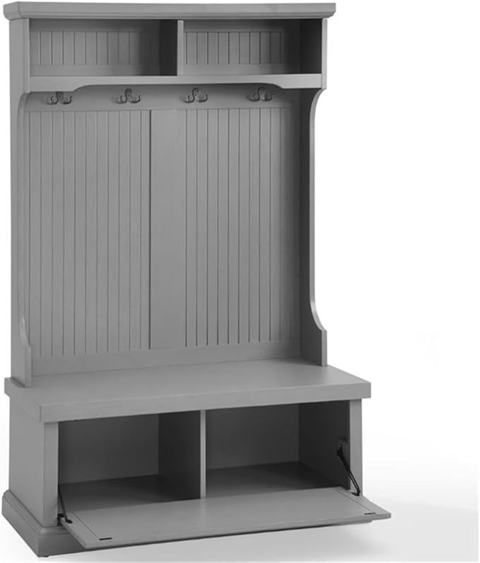 Pemberly Row Coastal Wood Hall Tree in Distressed Gray and Chrome