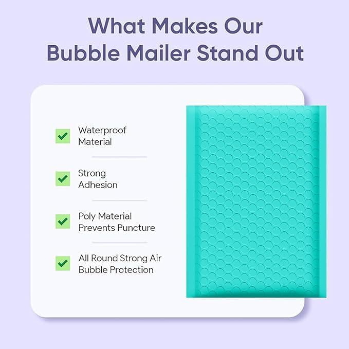 Teal 10.5x16 Inch Poly Bubble Mailers #5 | Self Seal Large Padded Envelopes | Air Cushioned Bubble Mailer | Usable Size 10.5x15 Inch | Waterproof Lightweight Mailing Shipping Bags | 100 Pack Bulk