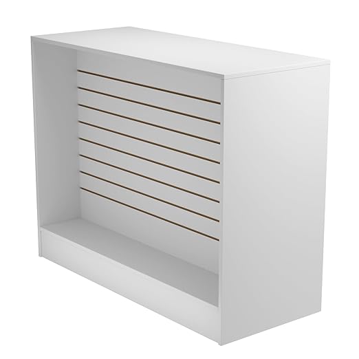 48” W ×20” D × 38” H - Ledge top Checkout Counter with Slatwall Display Front, White Wooden Slat Wall Cash Register Stand,Retail Counter Display