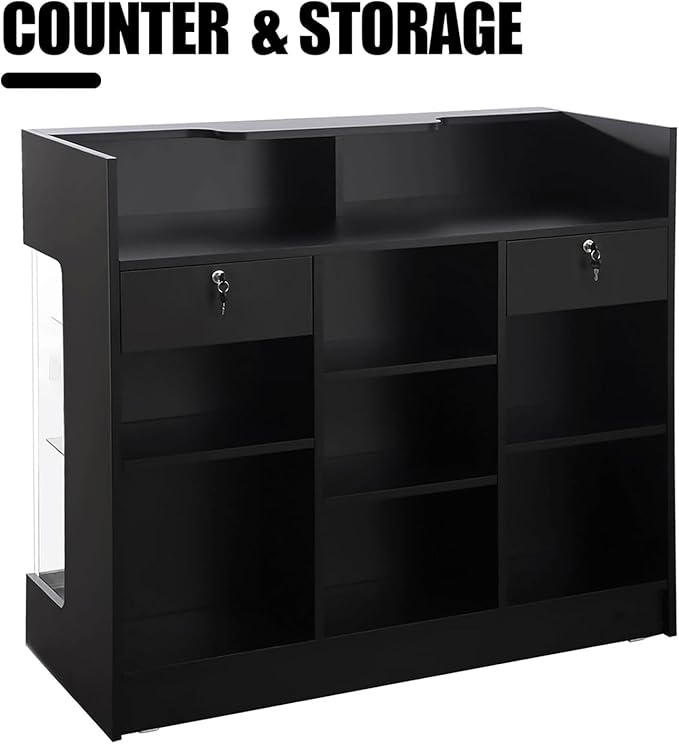 48" W x 22" D x 42" H - Retail Sales Counter with Adjustable Glass Shelves, Tempered Glass, Black Laminated Particle Board, Locking Drawers