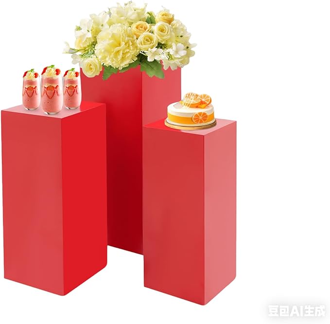 Cake Pedestal Stands for Party 3PCS Dessert Table Display Plinth Pillars Red Square Pedestal Stands for Wedding Sculpture Display Column Decoration Cube (3PCS-Square-Red)