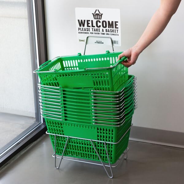 Plastic Shopping Basket, Green, 18 11/16 x 12 3/8 Inch, Steel Handles, 32L Capacity, Stackable Design for Grocery Market Store, 12 Pack