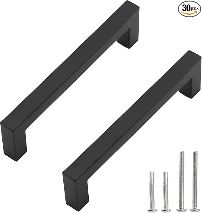 Cabinet Pulls Matte Black Cabinet Handles Square Drawer Pulls, 30 Pack 6-1/4 Inch Stainless Steel Kitchen Door Cupboard Cabinet Handles, Black Drawer Hardware Handles, 160mm Hole Centers