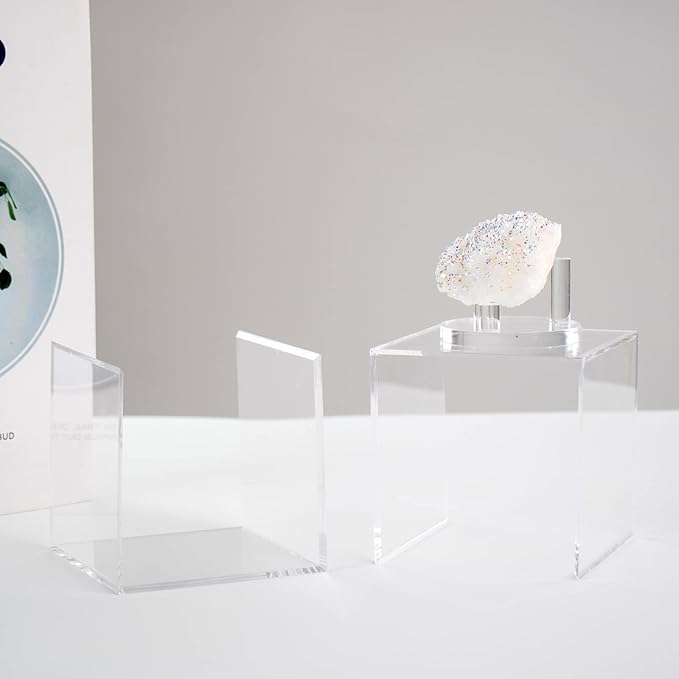 3 Pegs Round Display Easel Stands with Transparent Acrylic Box, Multiple Decoration Storage Case, Small Items Stands for Displaying Collectible Stone Rock Mineral Geodes (Medium-4x4x4in, 1Pcs)