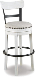 Signature Design by Ashley Valebeck Tall Upholstered Swivel Barstool, Cushioned Seat, Nailhead Trim, Wood and Metal, 30" H, Whitewash