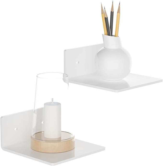 6 Inches Acrylic Small Wall Shelves 2 Pack, Floating Shelf for Wall Mounting, Acrylic Display Ledges for Funko Pop Figures, Home Décor, Living Room, Gaming Room, Plants(6 inch, White)