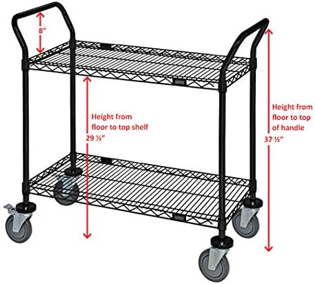 Omega 2 Tier Heavy Duty Rolling Utility Carts with Wheels and Handle Bar, NSF Certified 1200LBS, Commercial Serving Storage Cart for Warehouse Garage Kitchen, 18" Deep x 18" Wide x 39" High, Black
