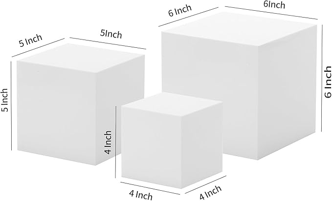 Glossy White Acrylic Cubes Display Nesting Risers,for displays and photography,displaying jewelry, cosmetics, figures,for retail counter,exhibition, Set of 3(4",5",6" cubes) (Glossy White)
