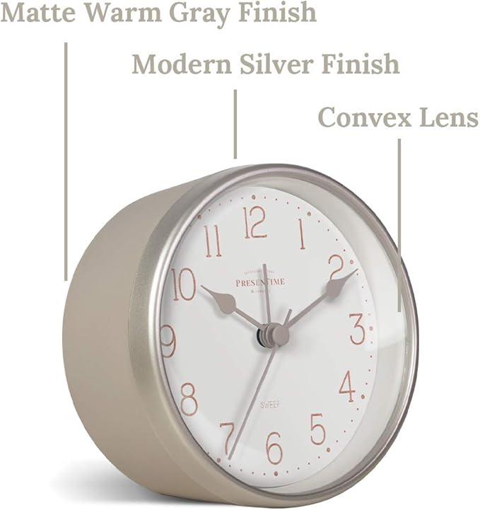 Presentime & Co 4" Chic Home Tabletop Alarm Mantel Clock, Desk and Shelf Clock, Silent no Ticking, Warm Gray and Chic Silver Finish. Tabletop Décor, Home Décor