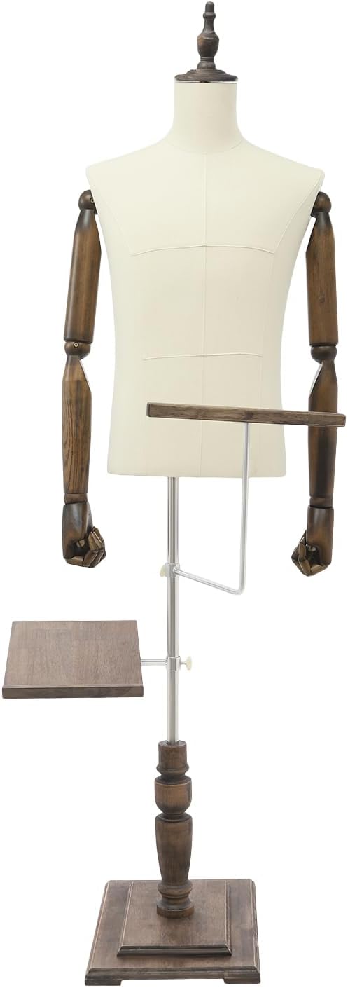 Male Clothing Display Racks, Height Adjustable Clothing Store Clothing Props with Stand and Solid Wood Arm, Male Mannequin Torso for Market Shop Window Display (Beige)
