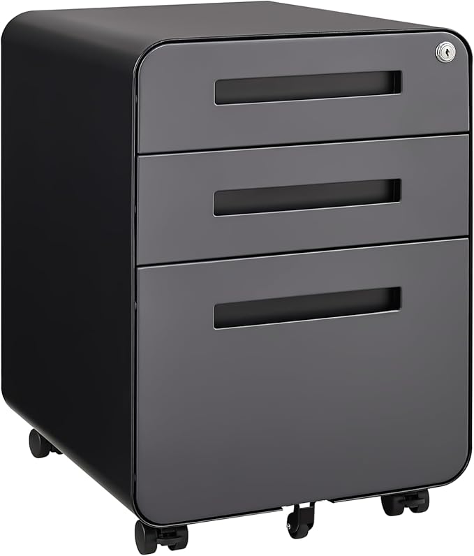 3 Drawer Mobile File Cabinet with Lock, Under Desk Metal Filing Cabinet for Home Office, Assembled Removable Under Desk Storage with Wheels for A4-Size/Letter-Size/Legal-Size (Grey)