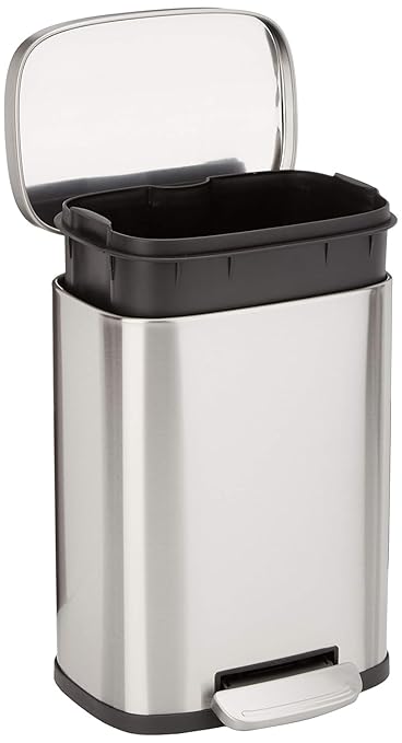 Amazon Basics Smudge Resistant Mini Rectangular Trash Can With Soft-Close Foot Pedal, Brushed Stainless Steel, for Bathroom & small space, 5L/1.32 Gal, 7.3x8.5x11.8 in, Satin Nickel Finish