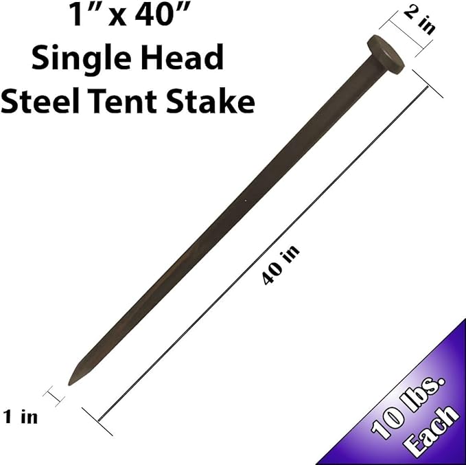 Single Head Tent Stakes - Heavy Duty Steel Tent Stakes, Versatile Ground Spikes to Anchor Commercial Inflatables, Party Tents, and Outdoor Camping Shelters, 1 x 40 Inch, 10-Pack