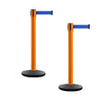 Montour Line MI650 Set of 2 Retractable Belt Barrier Stanchion, Cast Iron Base, Orange Post (16 ft Blue Belt)