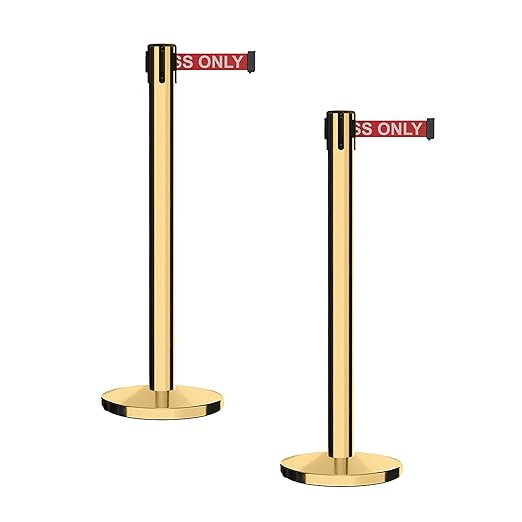 Montour Line MI650 Set of 2 Retractable Belt Barrier Stanchion, Cast Iron Base, Polished Brass Post (16 ft Red with"Authorized Access ONLY" White Letters Belt)