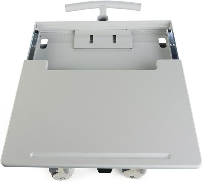 Displays2go Mobile Medical Cart with 2 Monitor Holders, Height Adjustable, Pullout Tray, Steel, Plastic, MDF – Gray (DWMDC2M)