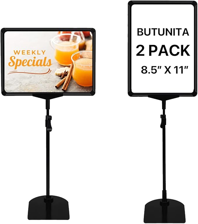 Sign Holder Stand, 8.5x11 Inch Adjustable Tabletop Sign Holder Floor Stand for Supermarket, Vertical&Horizontal View Displayed (Black,2Pcs)