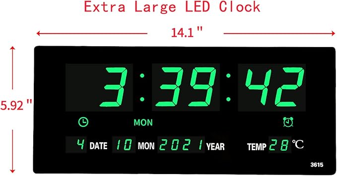 14.1 Inch Oversized LED Digital Wall Clock with Indoor Temperature, Seconds, Date, Day, Memory Function Adapter Included, Wall Decorative for Living Room, Office, Conference Room, Bedroom，Green