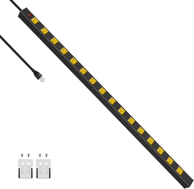 JUNNUJ Long Metal 16 Outlet Wide Spaced Garage Industrial Heavy Duty Power Strip with 10 FT Cord 15A, 125V, 1875W. Yellow