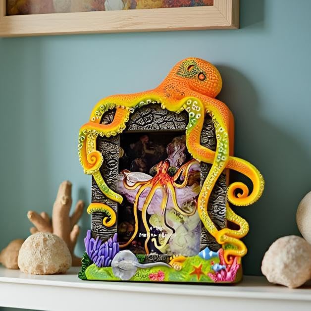4″X6″Decorative Octopus Hand-Crafted resin Picture Frame for Tabletop. Deep sea Octopus Design Home Décor..Photo Gallery. Art. Octopus Figurine. More (4″x6″) (Orange)
