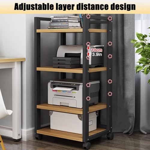Adjustable 3-Tier Printer Stand, Heavy Duty Under Desk Printer Cart with Storage Shelf, AV Media Stand for Home Office, White & Light Walnut Finish (4-Tier)