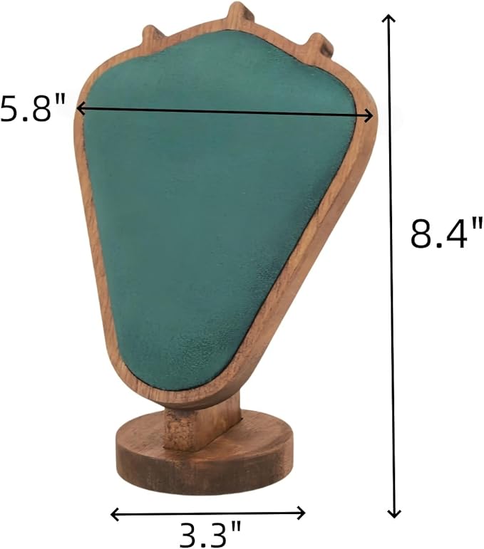 Walnut Color Body Wood Necklace Display Stand with Green Flannelette Soft Mat Necklace Holder Organizer Desktop Stand for Home Store Dresser-3.3"x5.8"x8.4"