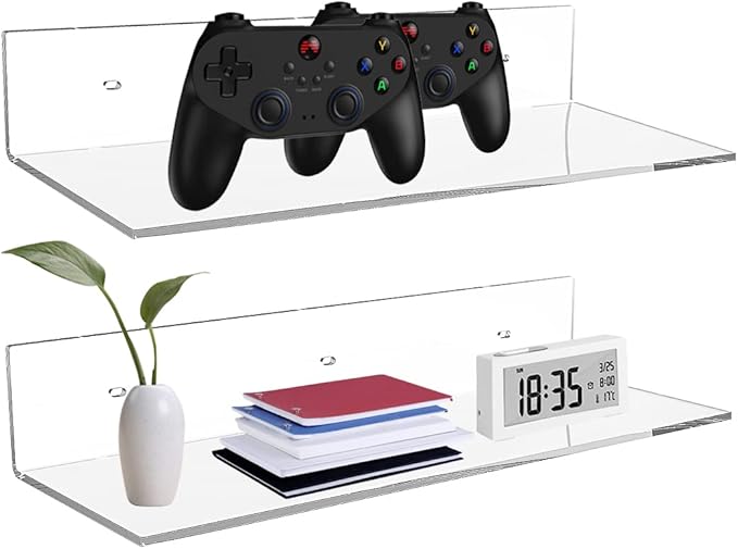 17 Inches Acrylic Shelves, Wall Mounted Shelves for Bedroom, Wall Display Shelves for Collectibles, Funko Pop, Speaker, Plants, 2 Pack