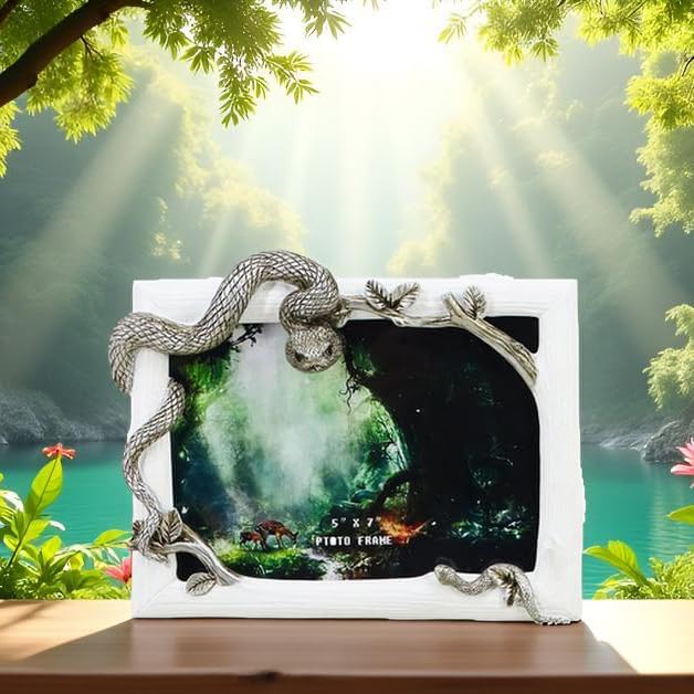 Decorative Snake Resin Picture Frame - 5x7 Inch Tabletop Photo Display with Mother & Baby Snake Design, Silver Wildlife Home Decor Art
