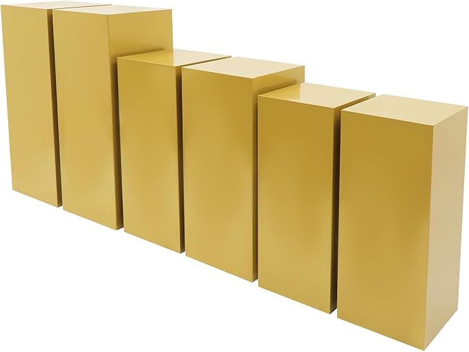 OUKANING 6 PCS Metal Display Pedestal Stands, Gold Square Display Stands Pillars, Decoration Cube Sculpture Display Column for Wedding Party Baby Shower Birthday, H31.49'', 25.59'', 23.62''