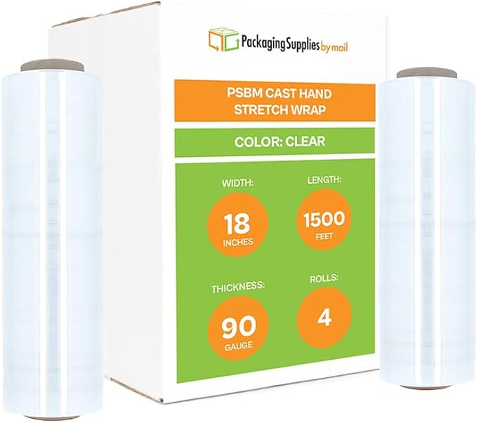 PSBM 4 Rolls 18 Inch x 1000 Feet 120 Gauge Stretch Film/Wrap, Heavy Duty Industrial Strength Clear Shrink Plastic Wrap for Moving, Packing, Shipping, Pallet Wrapping & Storage