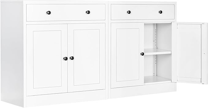 BESFUR Buffet Metal Cabinet with Storage 32”,White Sideboard Farmhouse Storage Cabinet with Adjustable Shelves, 2 Drawer and 4 Doors for Entryway Living Room, Bathroom, Kitchen,Home Office,Apartment