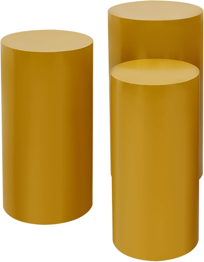 OUKANING 3 PCS Metal Display Pedestal Stands, Cylinder Gold Display Stands Pillars, Decoration Cube Sculpture Display Column for Wedding Party Baby Shower Birthday, H27.56'', 26'', 23.62''