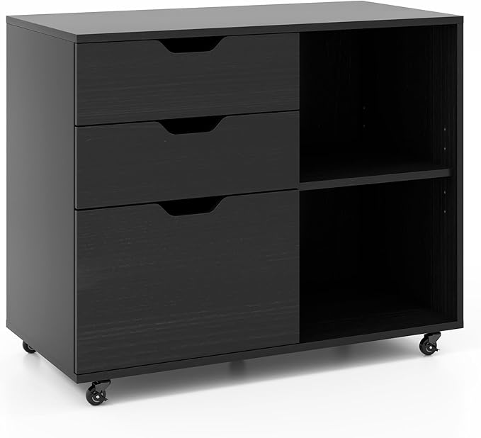 File Cabinet, Mobile Filing Cabinet w/Universal Wheels & 3 Drawers, Wood Printer Stand with Storage, Rolling File Cabinets for Home Office, Living Room, Bedroom (Black, 3 Drawers)