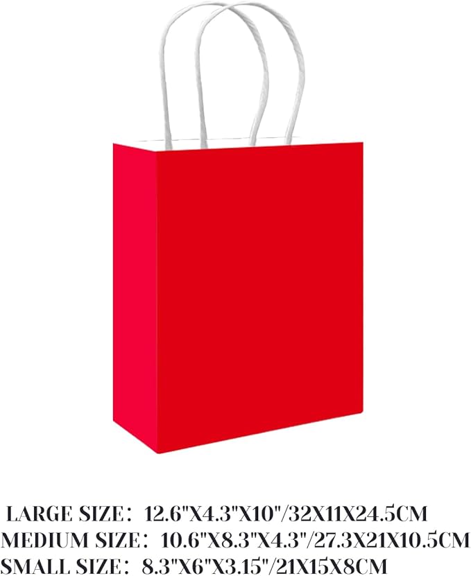 qiqee 100PCS Gift Bag with Handles Bulk Red Paper Bags Assorted Sizes(33pcs Large 13",33pcs Medium 11",34pcs Small 8")