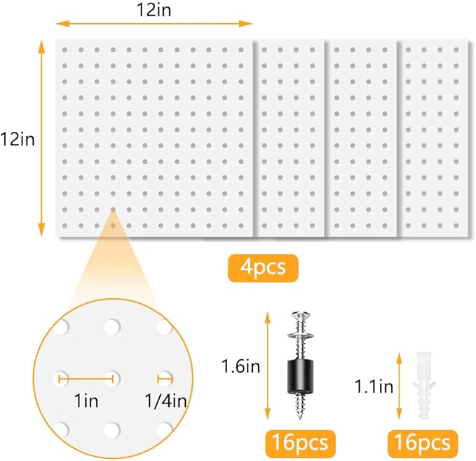 4Pcs Pegboard, Metal Peg Board, Pegboard Wall Organizer Panels Accessories, Mount Display Peg Board Kits for Walls Garage Craft Room Office Workshop, Easy Installation (White)