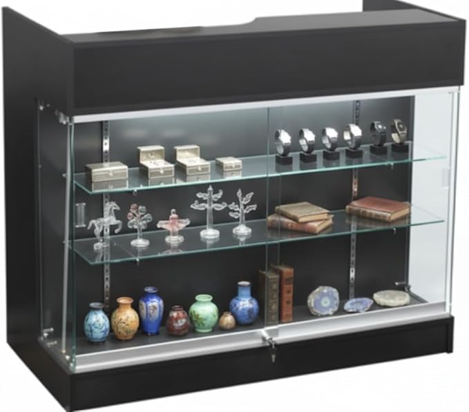 4ft Retail Checkout Counter with Front Glass Display Showcase – Black Ledge Top Store Counter with Tempered Glass, Locking Drawers & Storage Shelves – Boutique Display Cabinet